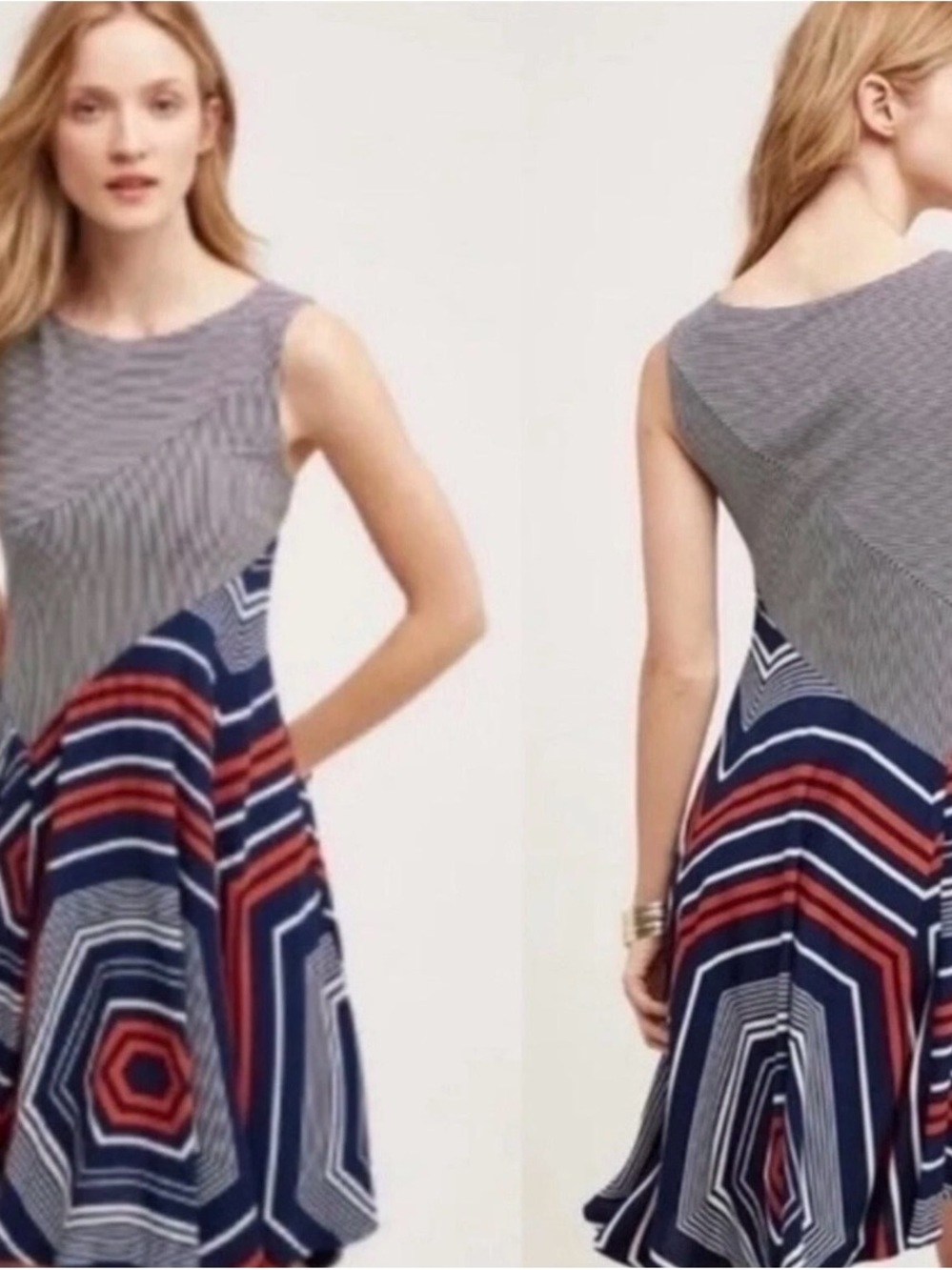Maeve Navy, Red & Gray Sleeveless Midi Fit-and-Flare Dress